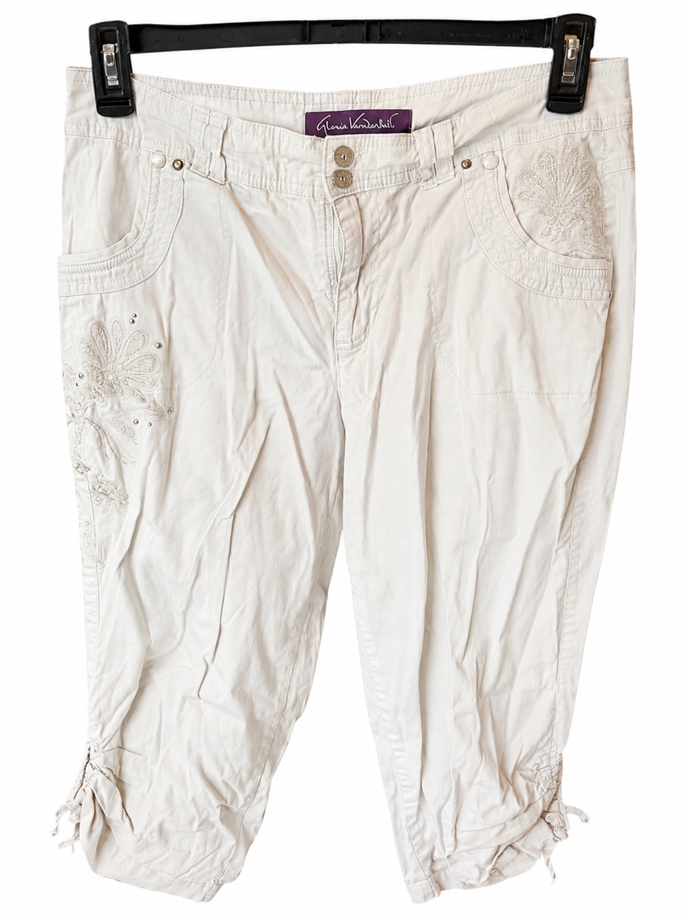 Gloria Vanderbilt Size 10 Cream Embroidered Adjustable Ruched Capri Pants